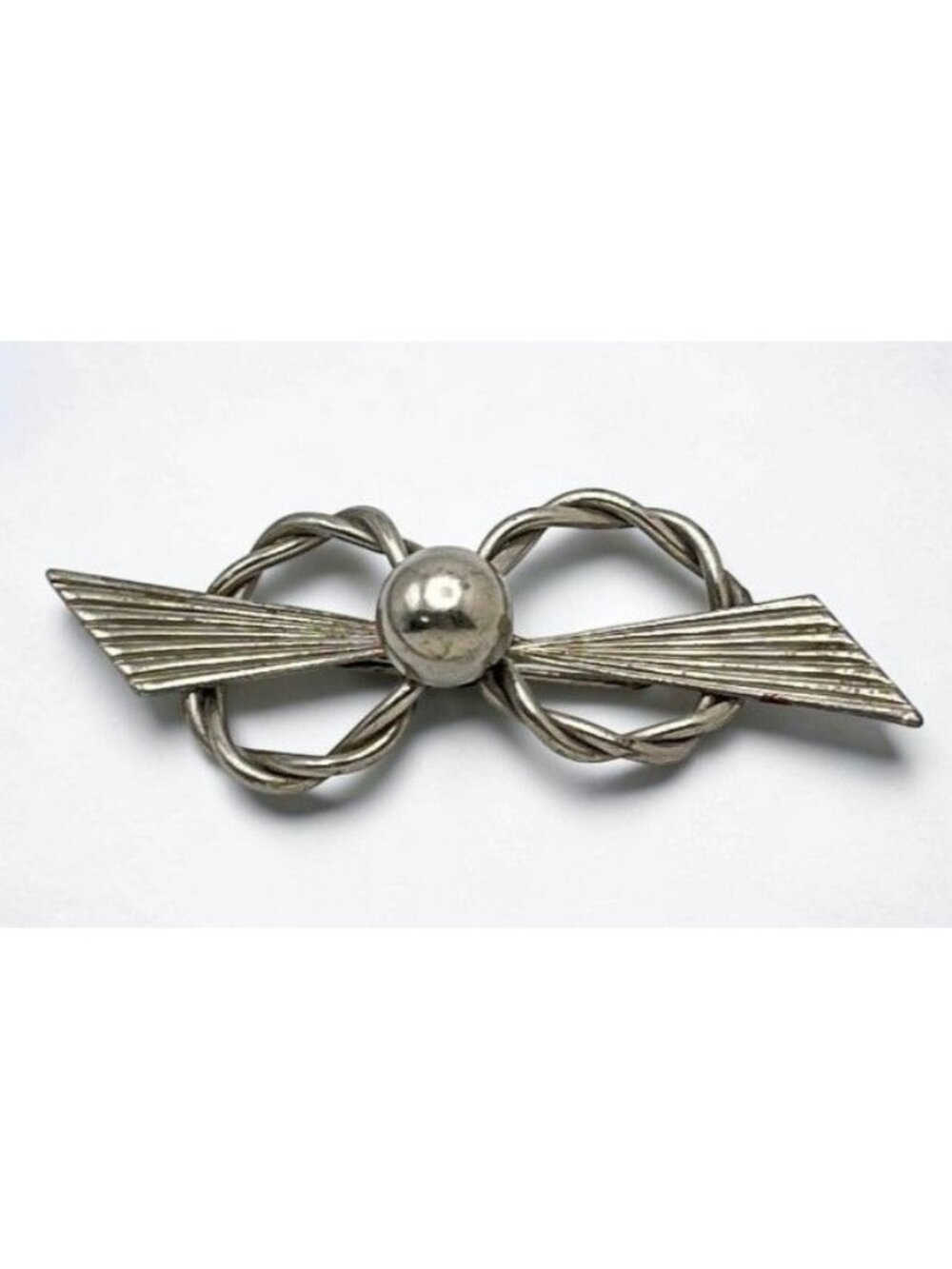 Vintage Silver Tone Art Deco Bow Brooch Twisted Wire Design Geometric
